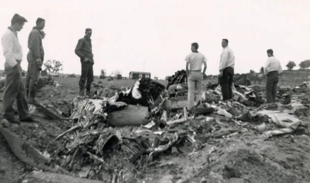 B-25 plane crash on Ernst/Steinbeck ranch, April 11, 1956.